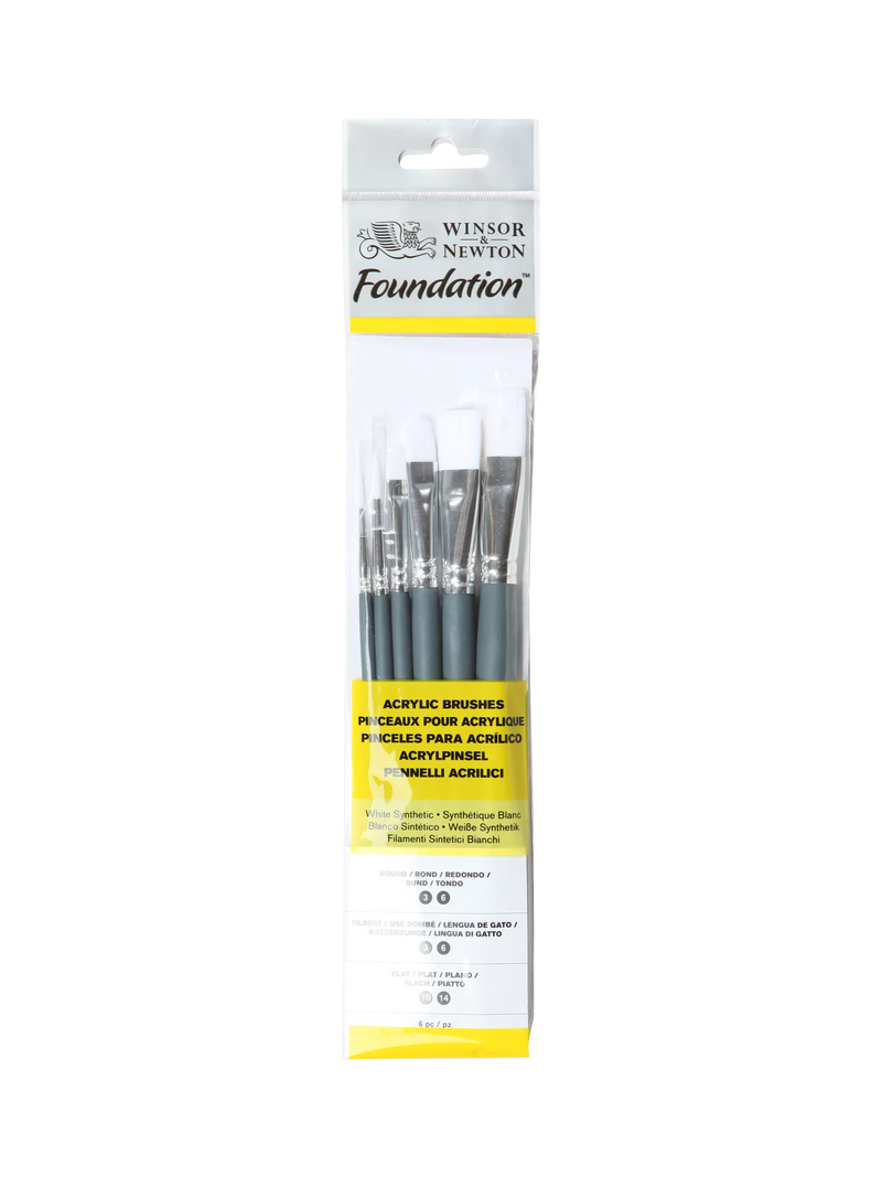 Winsor & Newton synthetic paint brush set of 6 with round, filbert, and flat brushes (British brand)