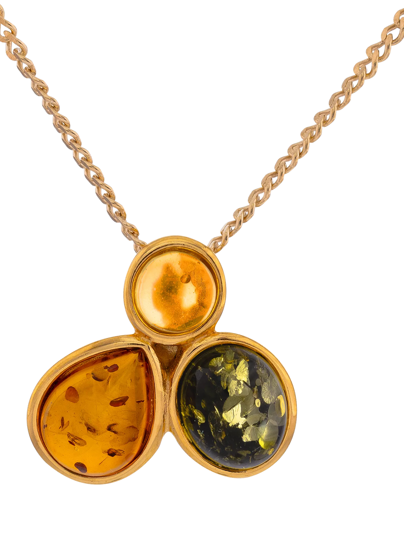 Be-Jewelled 3-stone Baltic amber pendant 46cm chain, imported from the UK