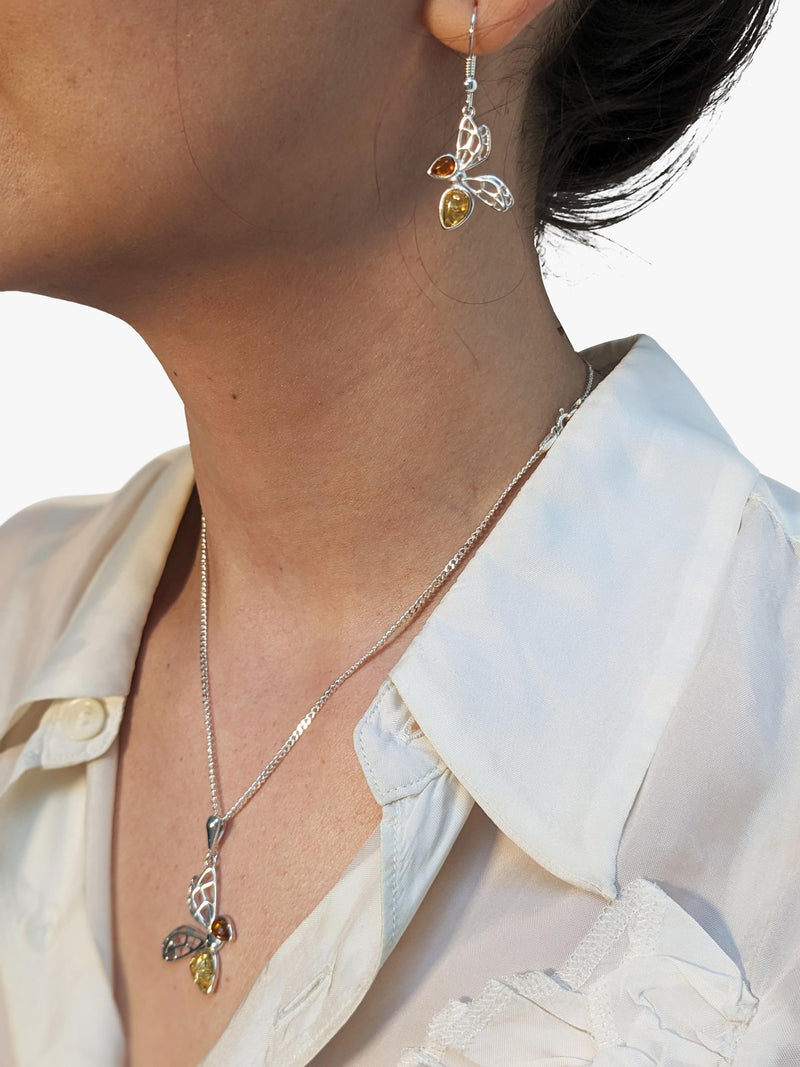 Be-Jewelled sterling silver bee drop earrings with Baltic amber - British product