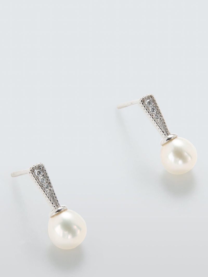 Lido pave cubic zirconia pearl stud earrings, silver (British brand)