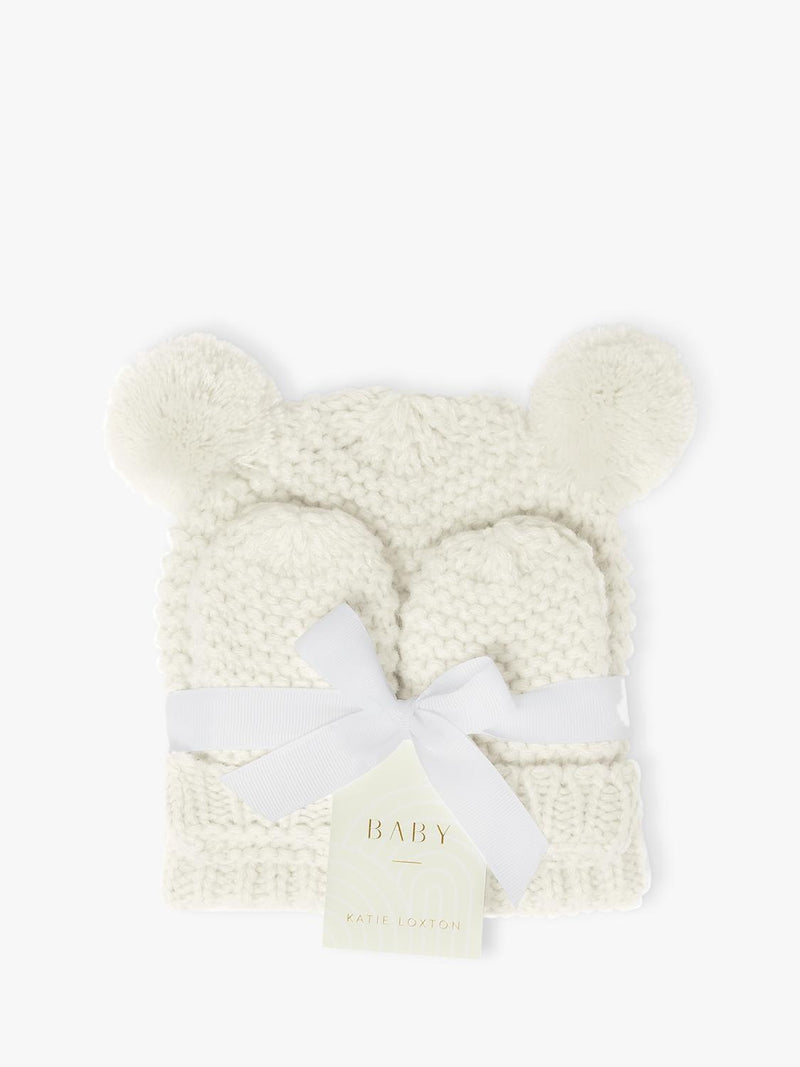 Katie Loxton baby hat and mittens set white, imported from the UK