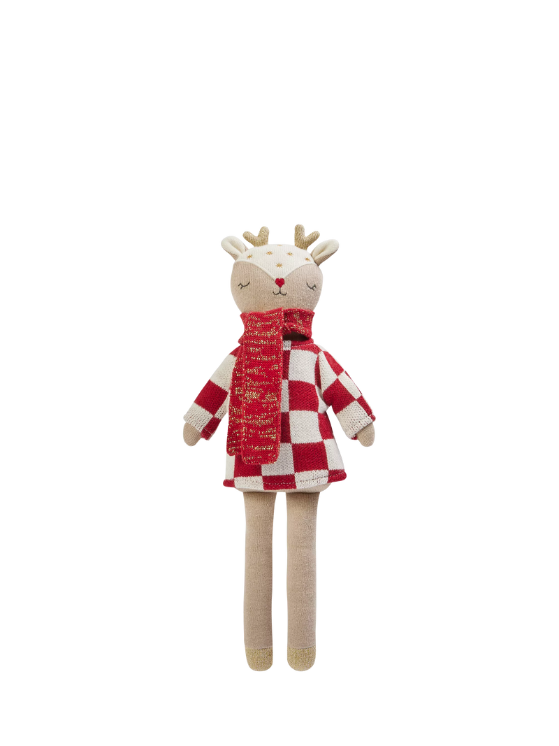 Avery Row knitted reindeer doll with checkerboard jumper and scarf (British brand)
