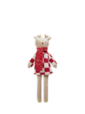 Avery Row knitted reindeer doll with checkerboard jumper and scarf (British brand)