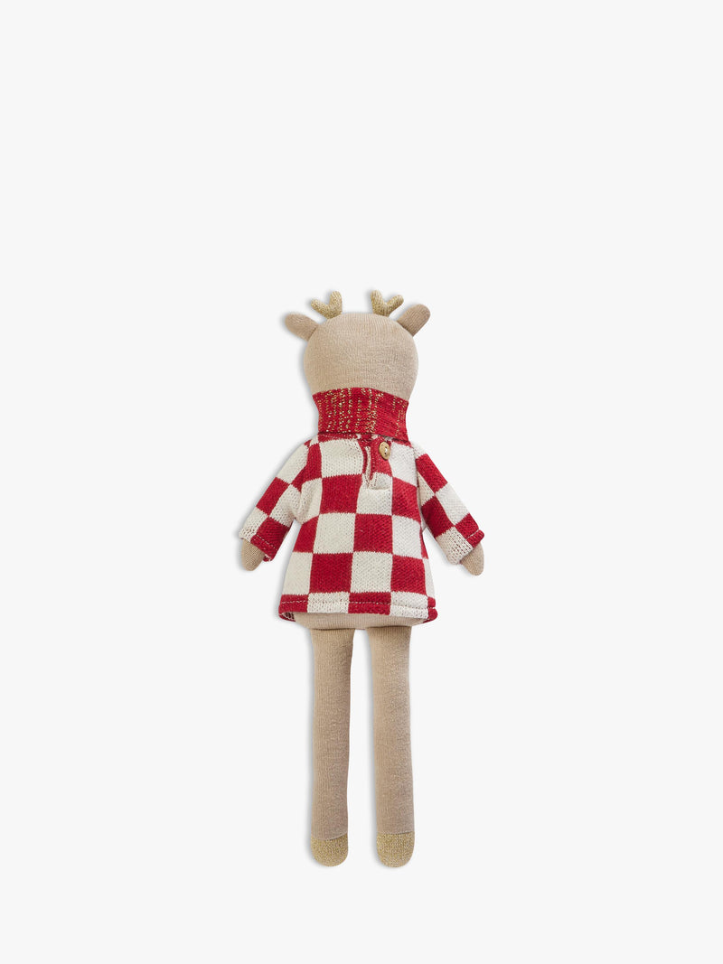 Avery Row knitted reindeer doll with checkerboard jumper and scarf (British brand)