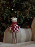 Avery Row knitted reindeer doll with checkerboard jumper and scarf (British brand)