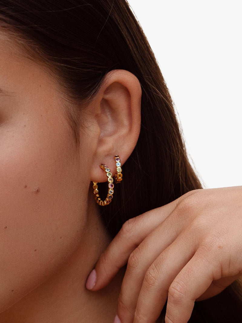 Dower & Hall rainbow huggie hoop earrings gold vermeil, imported from UK