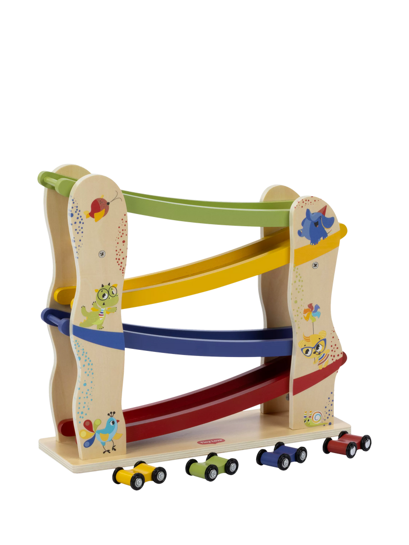 Tiny Love wooden race car ramp with 4 cars (British brand)