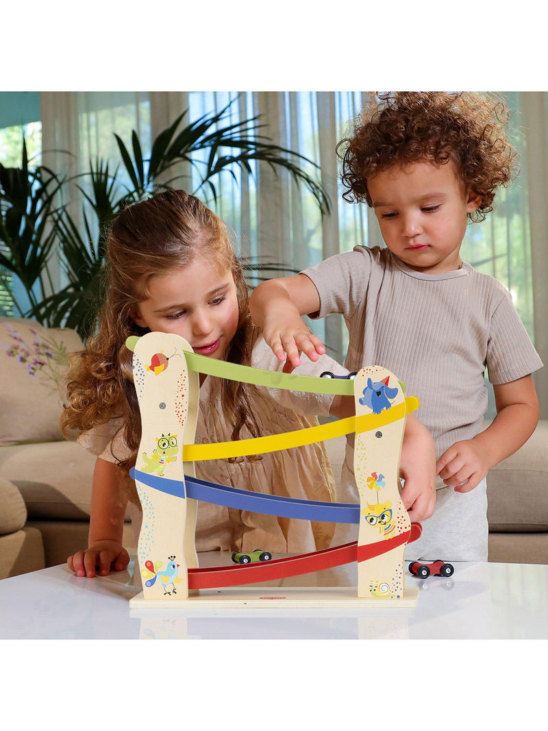 Tiny Love wooden race car ramp with 4 cars (British brand)