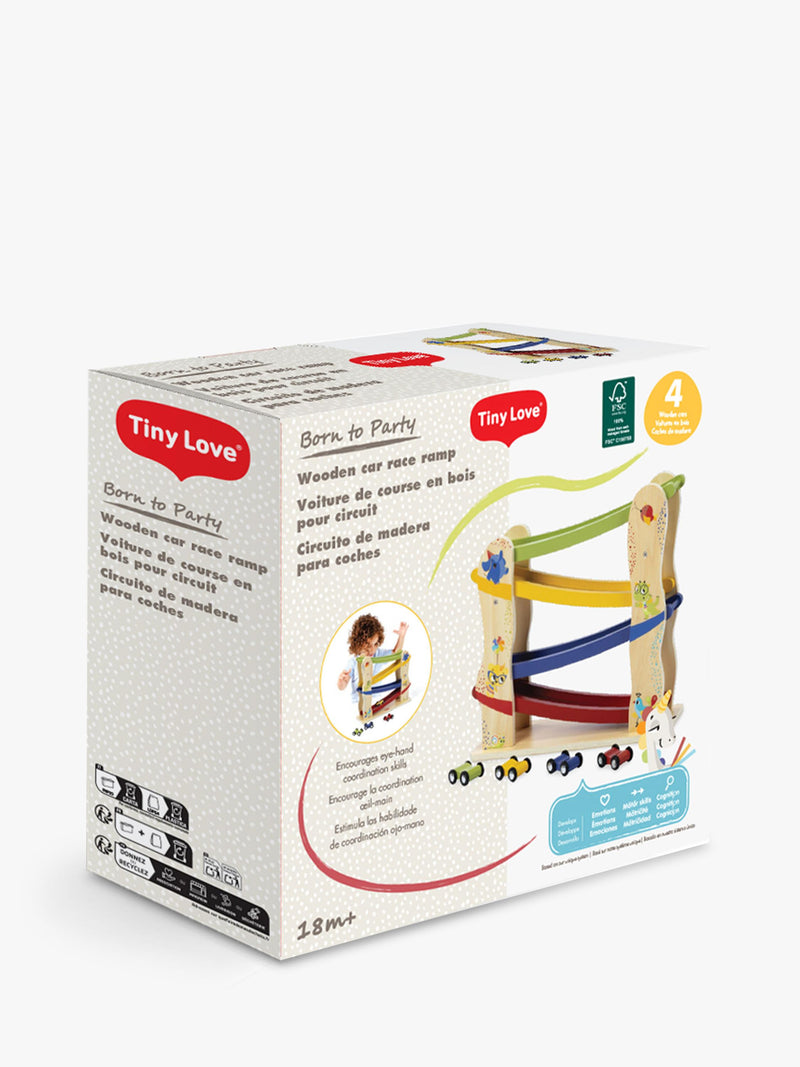 Tiny Love wooden race car ramp with 4 cars (British brand)