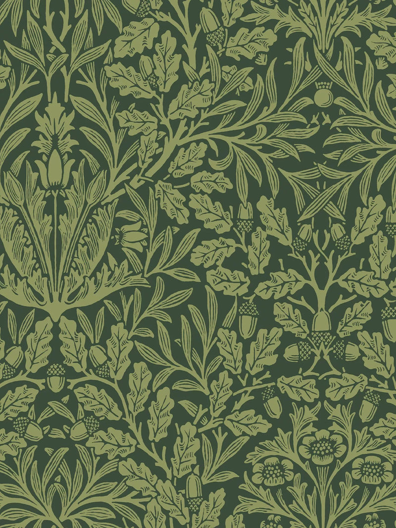 William Morris At Home Acorn Garden wallpaper design with detailed acorns and flowers (British brand)