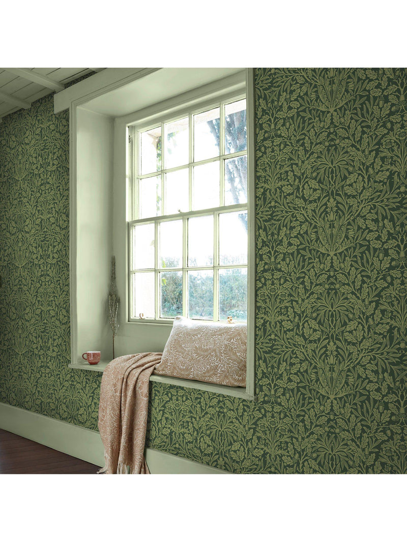 William Morris At Home Acorn Garden wallpaper design with detailed acorns and flowers (British brand)