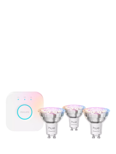 John Lewis Philips Hue White & Colour Ambiance Essential Smart Lighting Starter Kit with 3 GU10 Bulbs and Bridge- Buy online at McGrocer