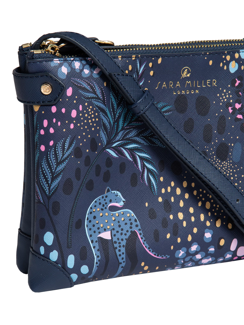 Sara Miller faux saffiano leather crossbody bag Midnight Leopard, imported from the UK