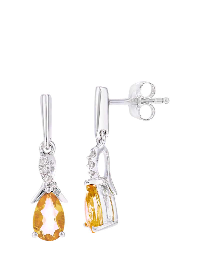 Mogul 9ct white gold citrine diamond drop earrings, UK version