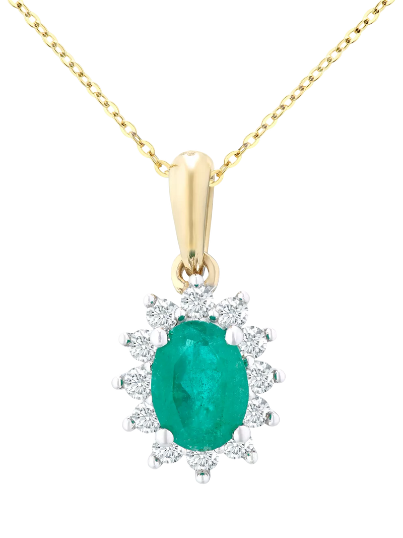 Mogul yellow gold oval emerald diamond pendant, imported from the UK