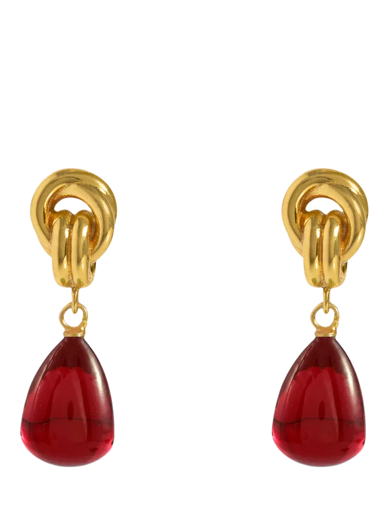 Shyla chunky knot ruby drop earrings gold, UK version