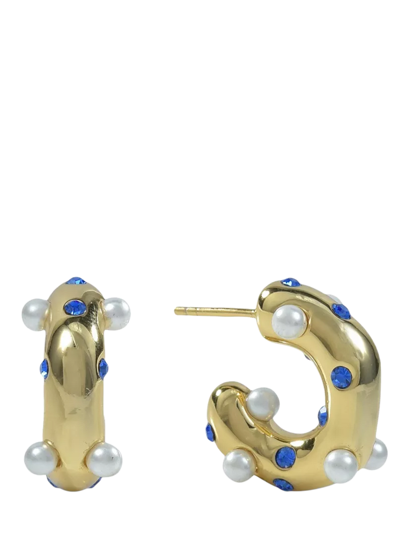 Shyla Lua blue crystal pearl hoop earrings gold plated, imported from the UK
