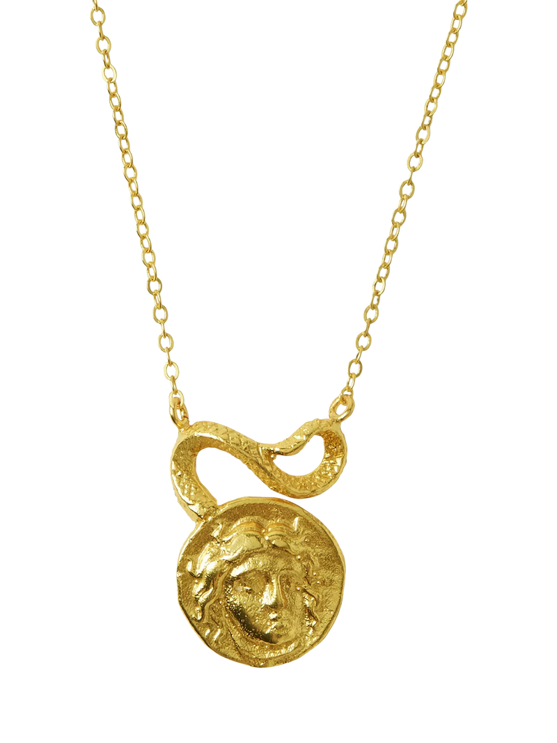 Ottoman Hands gold Gorgon Medusa pendant necklace, imported from the UK