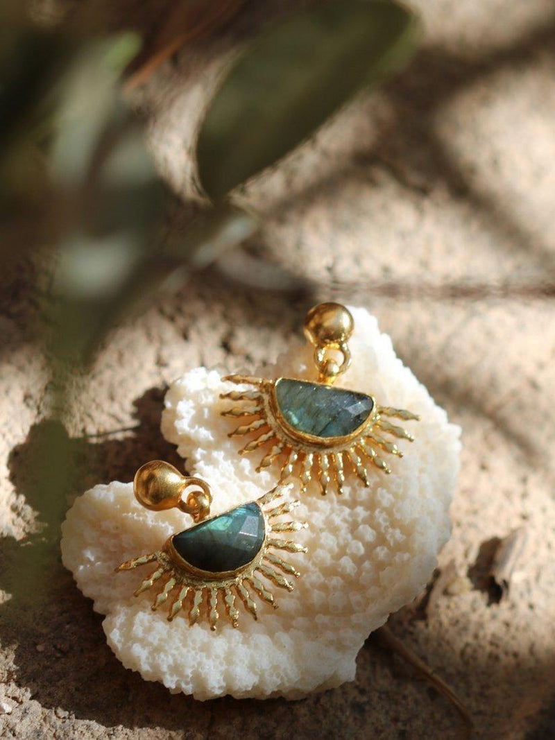 Ottoman Hands gold drop earrings with labradorite - British product