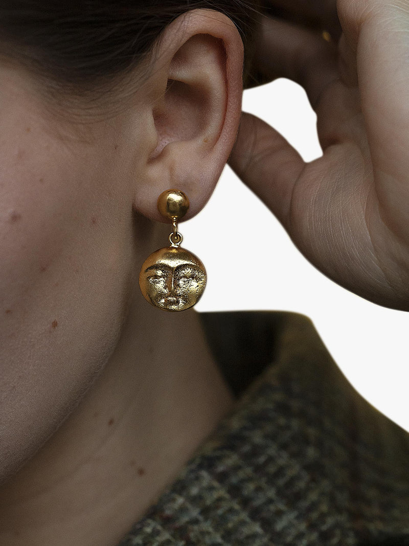 Ottoman Hands moon face gold drop earrings, imported from the UK