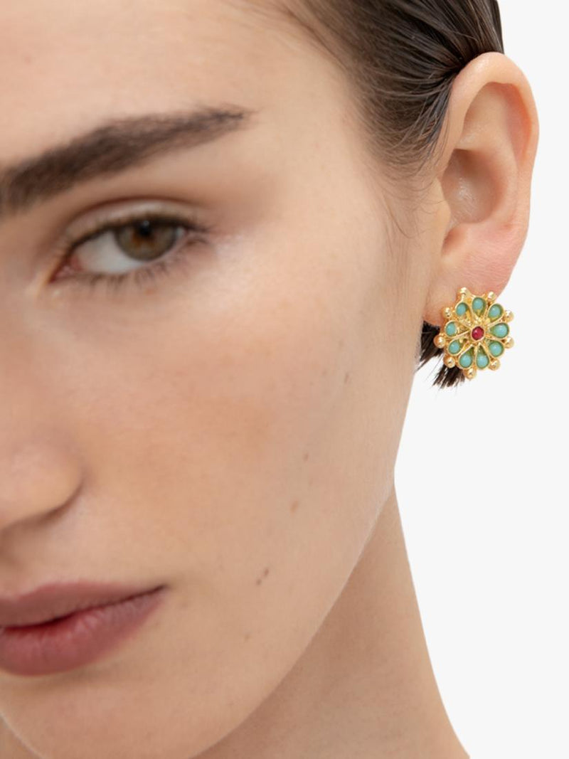 Ottoman Hands Marigold earrings with turquoise and red agate beads, imported from the UK