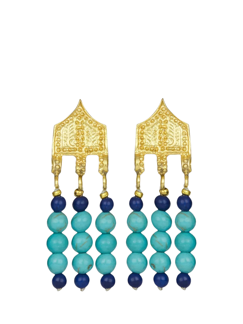 Ottoman Hands beaded drop earrings with turquoise and lapis 3.6cm, UK version