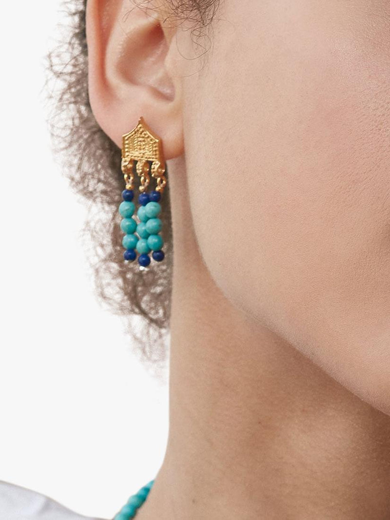 Ottoman Hands beaded drop earrings with turquoise and lapis 3.6cm, UK version