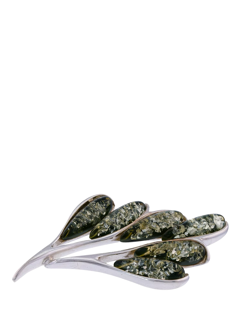 Be-Jewelled green Baltic amber leaf brooch sterling silver (British brand)