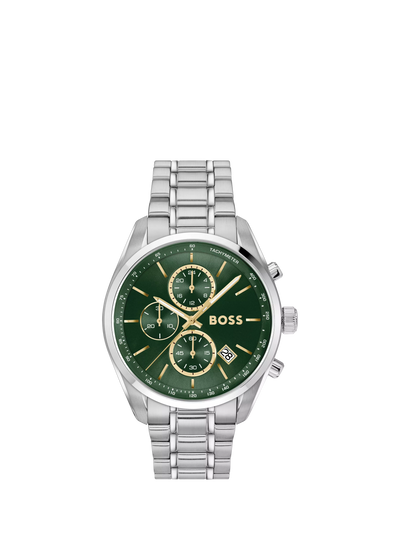 John Lewis HUGO BOSS Men's Grand Prix Chronograph Watch, Green Dial, Silver Stainless Steel Bracelet- Buy online at McGrocer