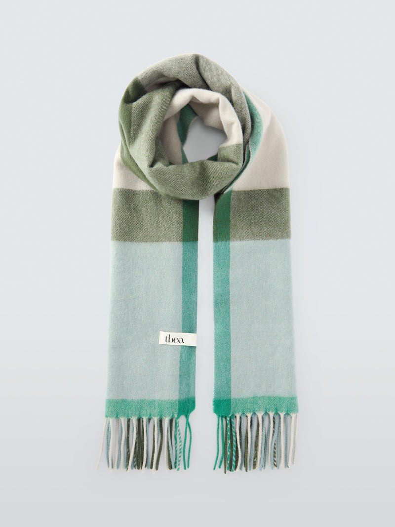 TBCo green multi block check wool scarf 50x200cm, imported from the UK