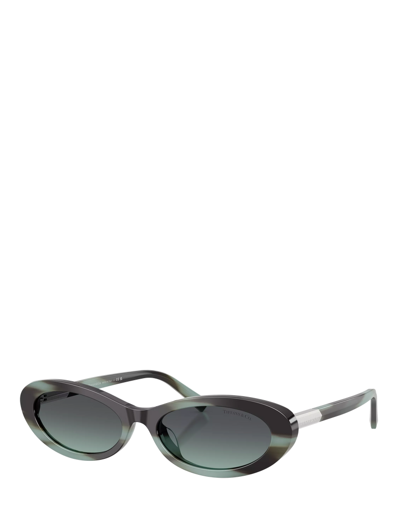 Tiffany & Co oval sunglasses with blue tinted lenses and black frame (British brand)