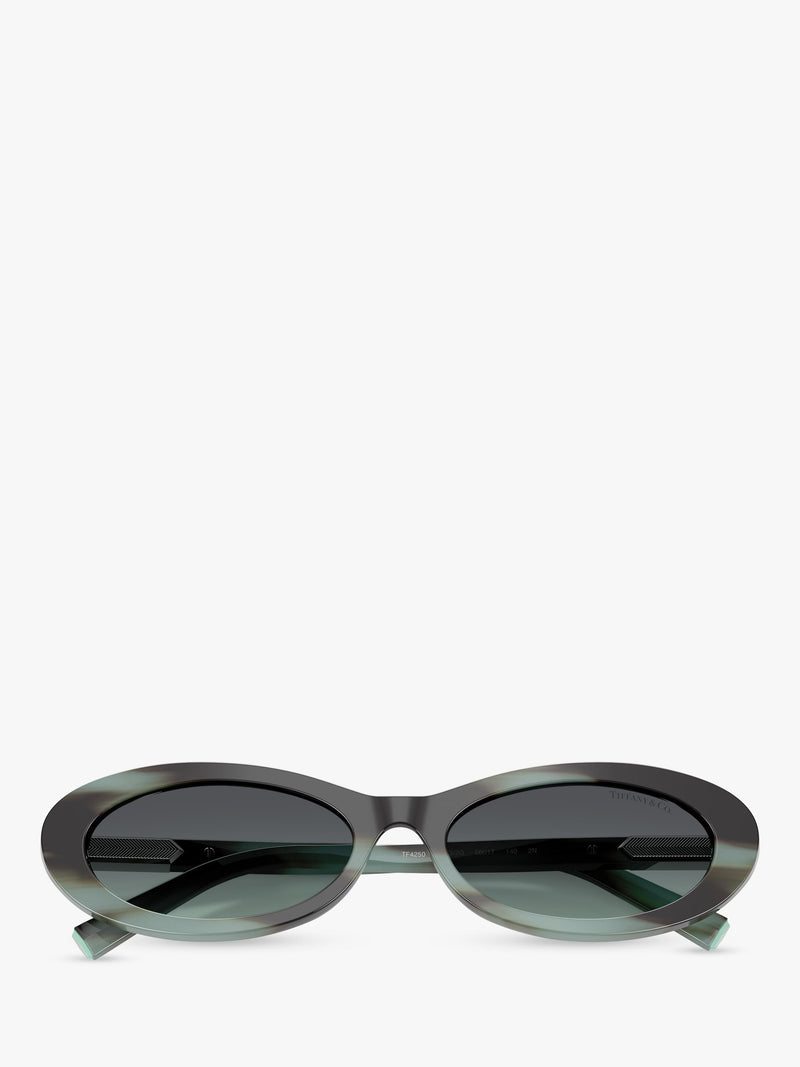Tiffany & Co oval sunglasses with blue tinted lenses and black frame (British brand)