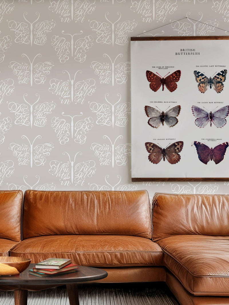 Mini Moderns Camberwell Beauty wallpaper in stone, imported from the UK