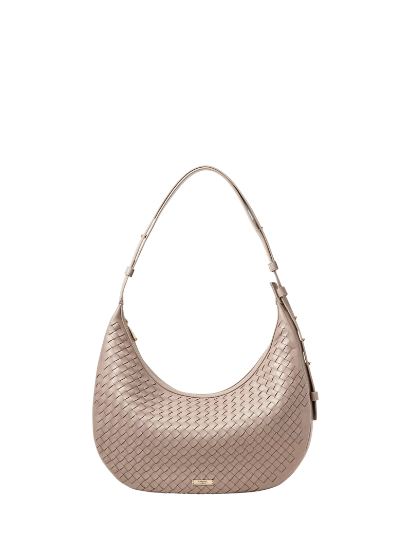 Aspinal of London taupe crescent shoulder bag with slot weave (British brand)