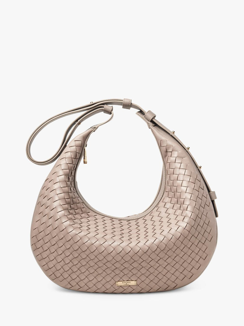 Aspinal of London taupe crescent shoulder bag with slot weave (British brand)