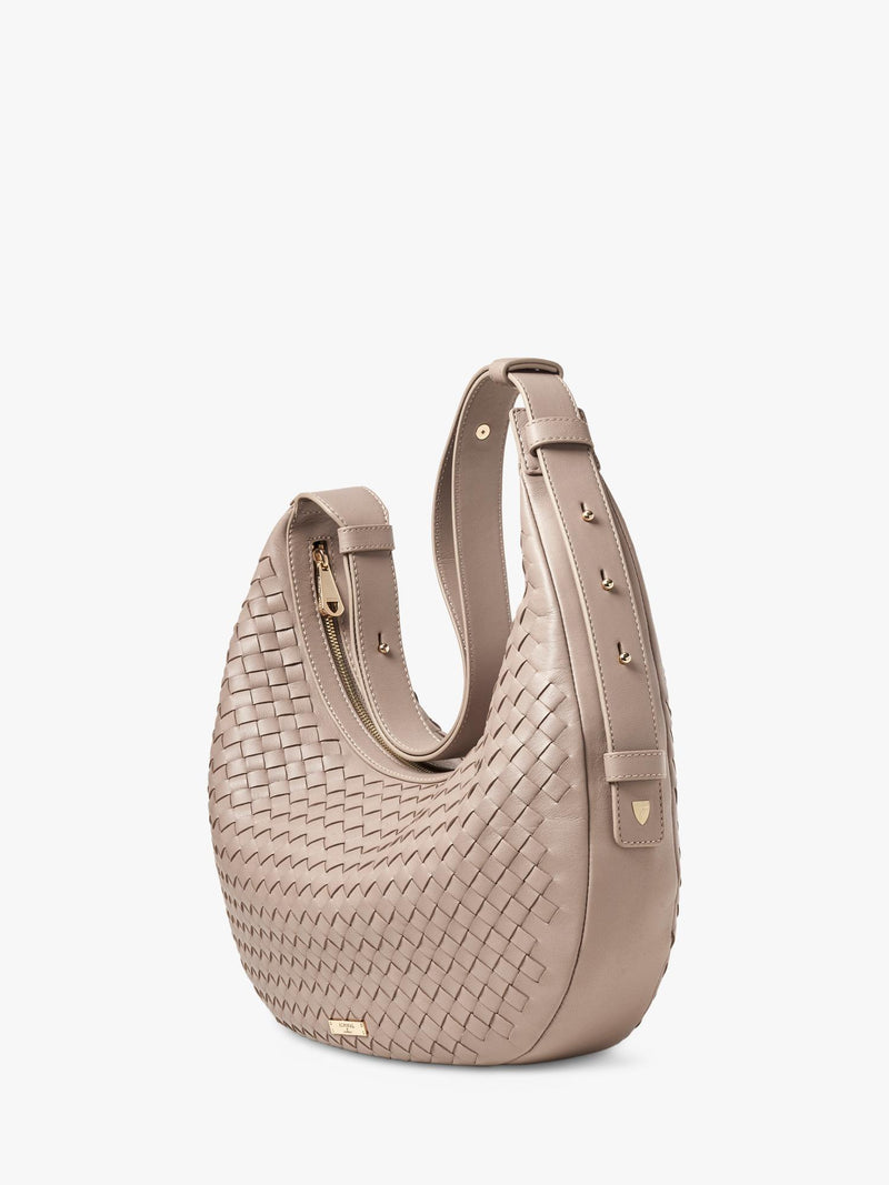 Aspinal of London taupe crescent shoulder bag with slot weave (British brand)