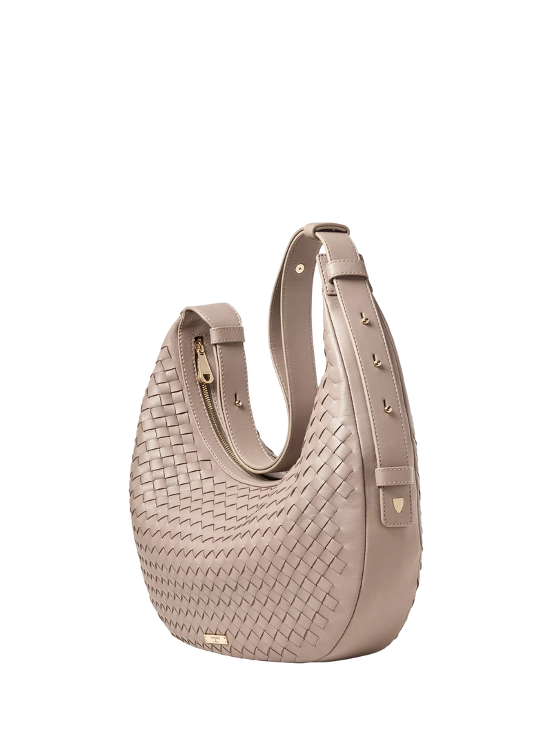 Aspinal of London taupe crescent shoulder bag with slot weave (British brand)
