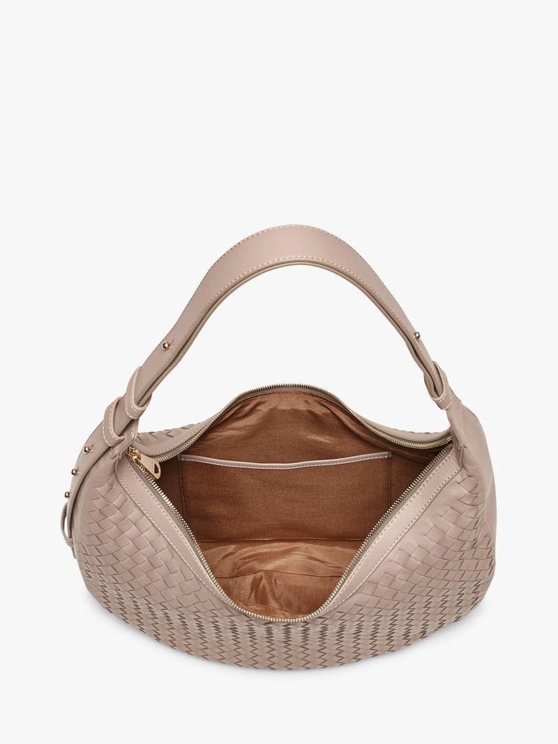 Aspinal of London taupe crescent shoulder bag with slot weave (British brand)