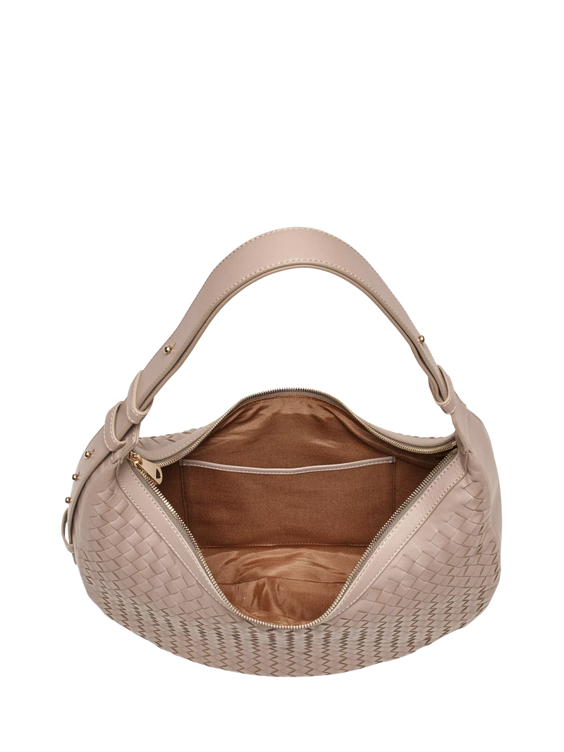 Aspinal of London taupe crescent shoulder bag with slot weave (British brand)