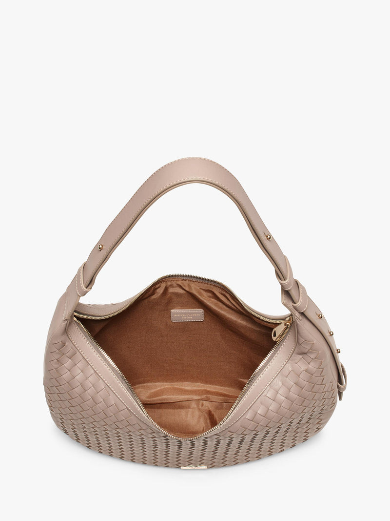 Aspinal of London taupe crescent shoulder bag with slot weave (British brand)