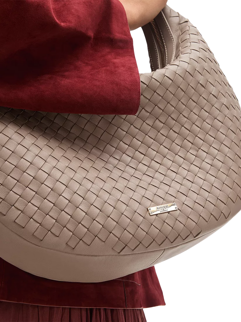 Aspinal of London taupe crescent shoulder bag with slot weave (British brand)