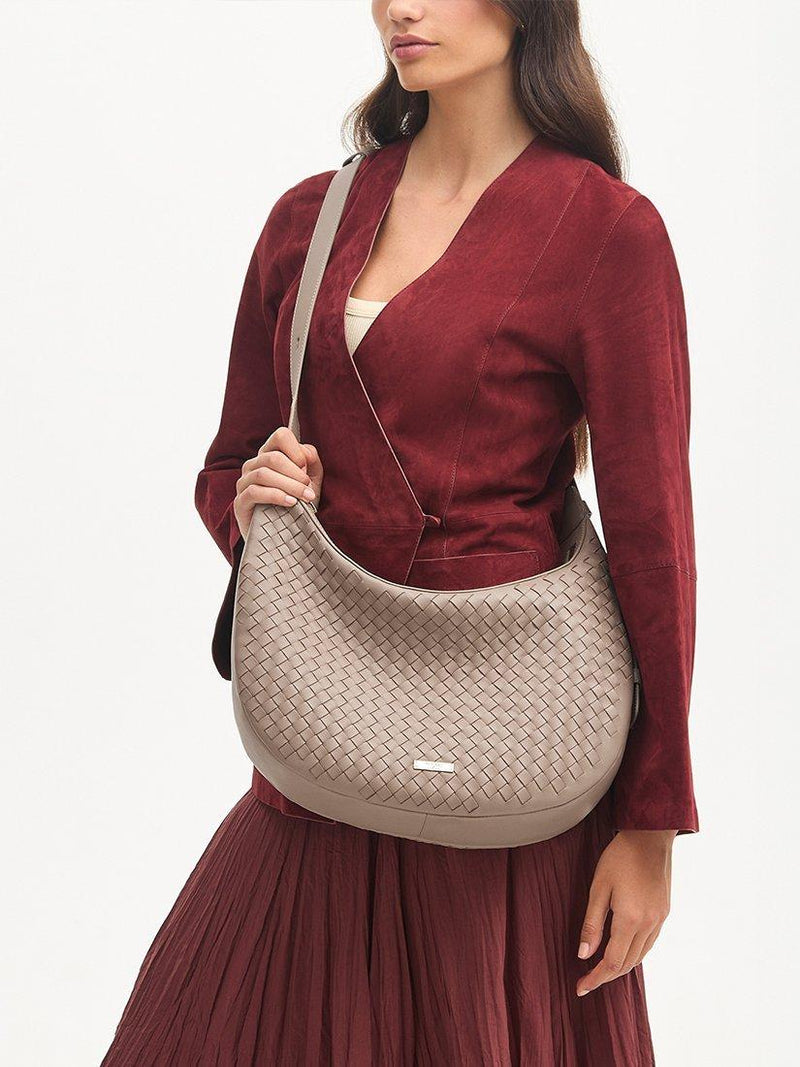 Aspinal of London taupe crescent shoulder bag with slot weave (British brand)