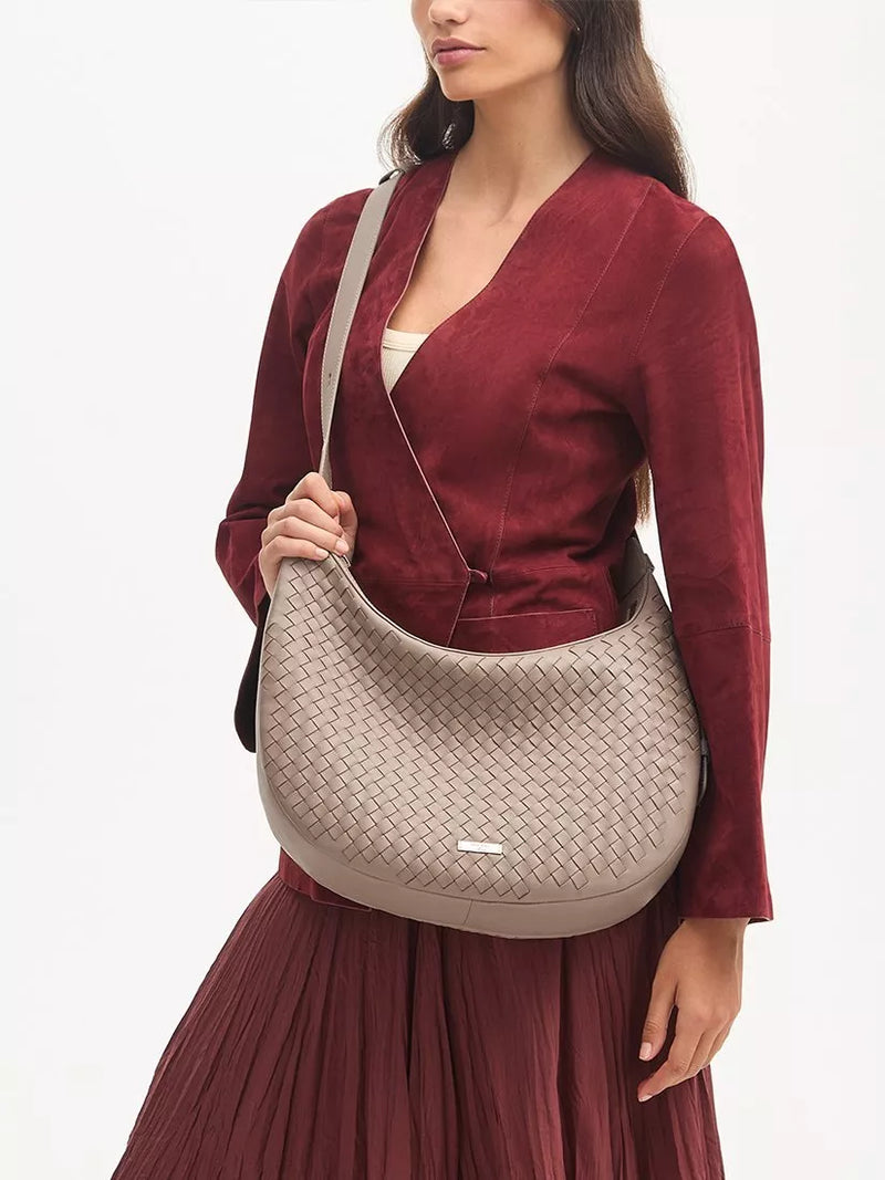 Aspinal of London taupe crescent shoulder bag with slot weave (British brand)