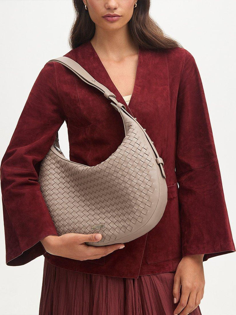 Aspinal of London taupe crescent shoulder bag with slot weave (British brand)