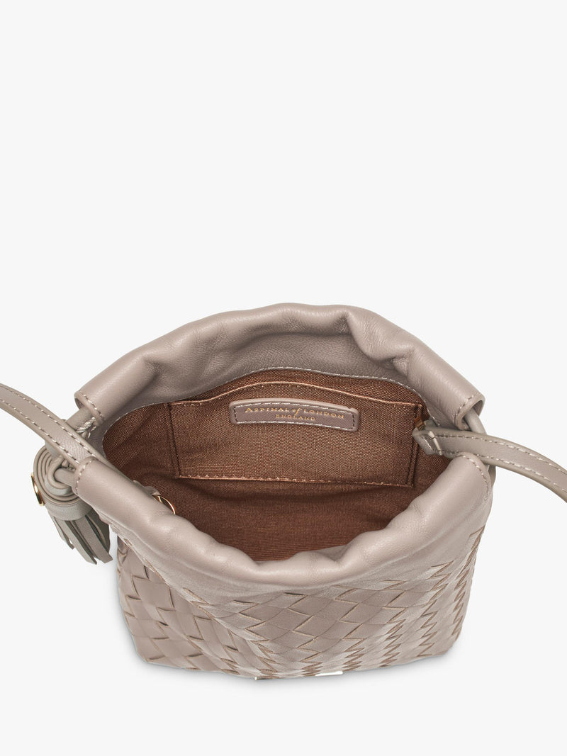 Aspinal of London Soho Slot Weave crossbody pouch taupe, imported from the UK