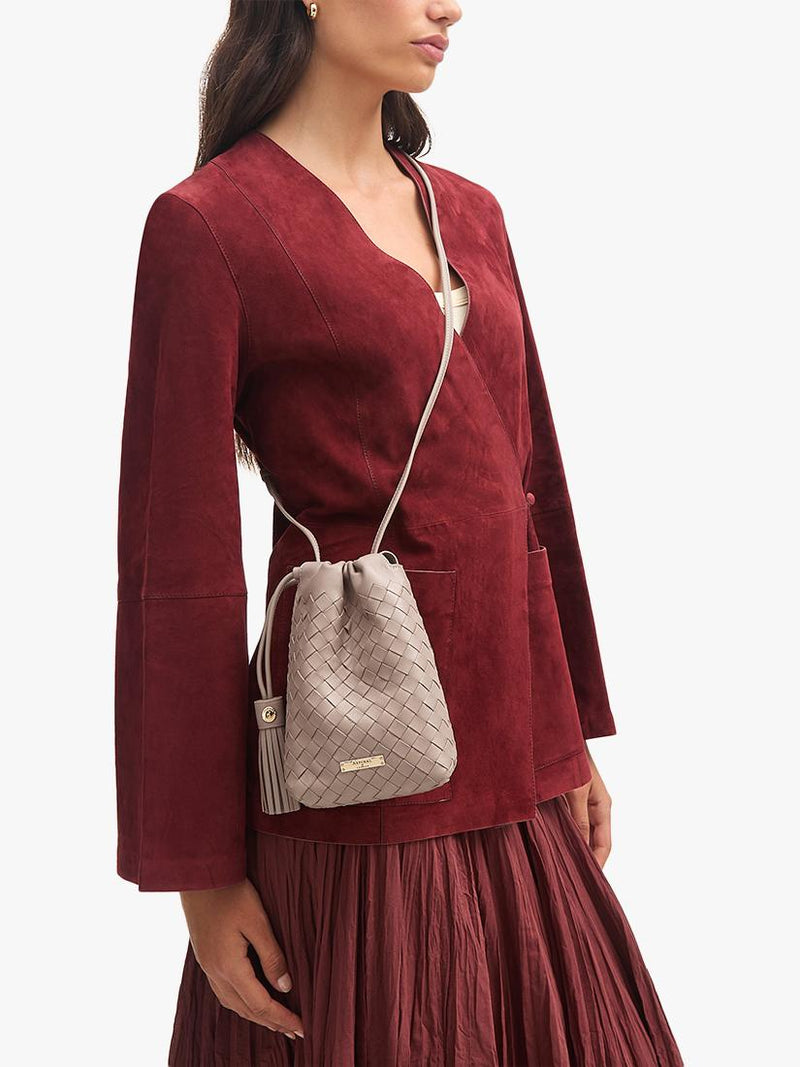 Aspinal of London Soho Slot Weave crossbody pouch taupe, imported from the UK