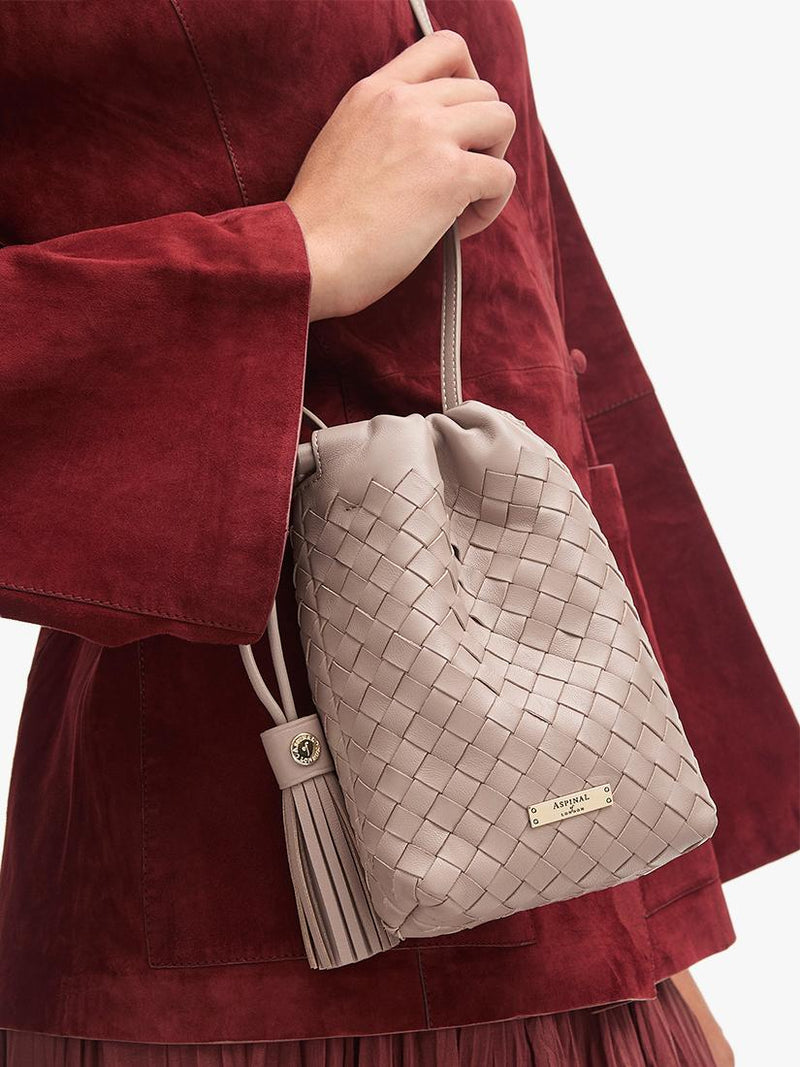 Aspinal of London Soho Slot Weave crossbody pouch taupe, imported from the UK