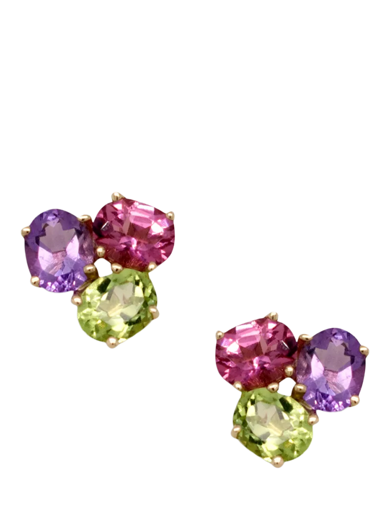 E.W Adams stud earrings amethyst peridot pink tourmaline 9ct yellow gold, UK version