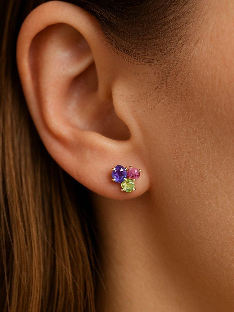 E.W Adams stud earrings amethyst peridot pink tourmaline 9ct yellow gold, UK version