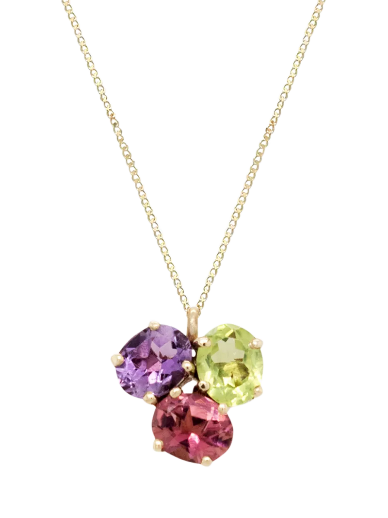 E.W Adams peridot amethyst tourmaline pendant necklace 9ct yellow gold - British product